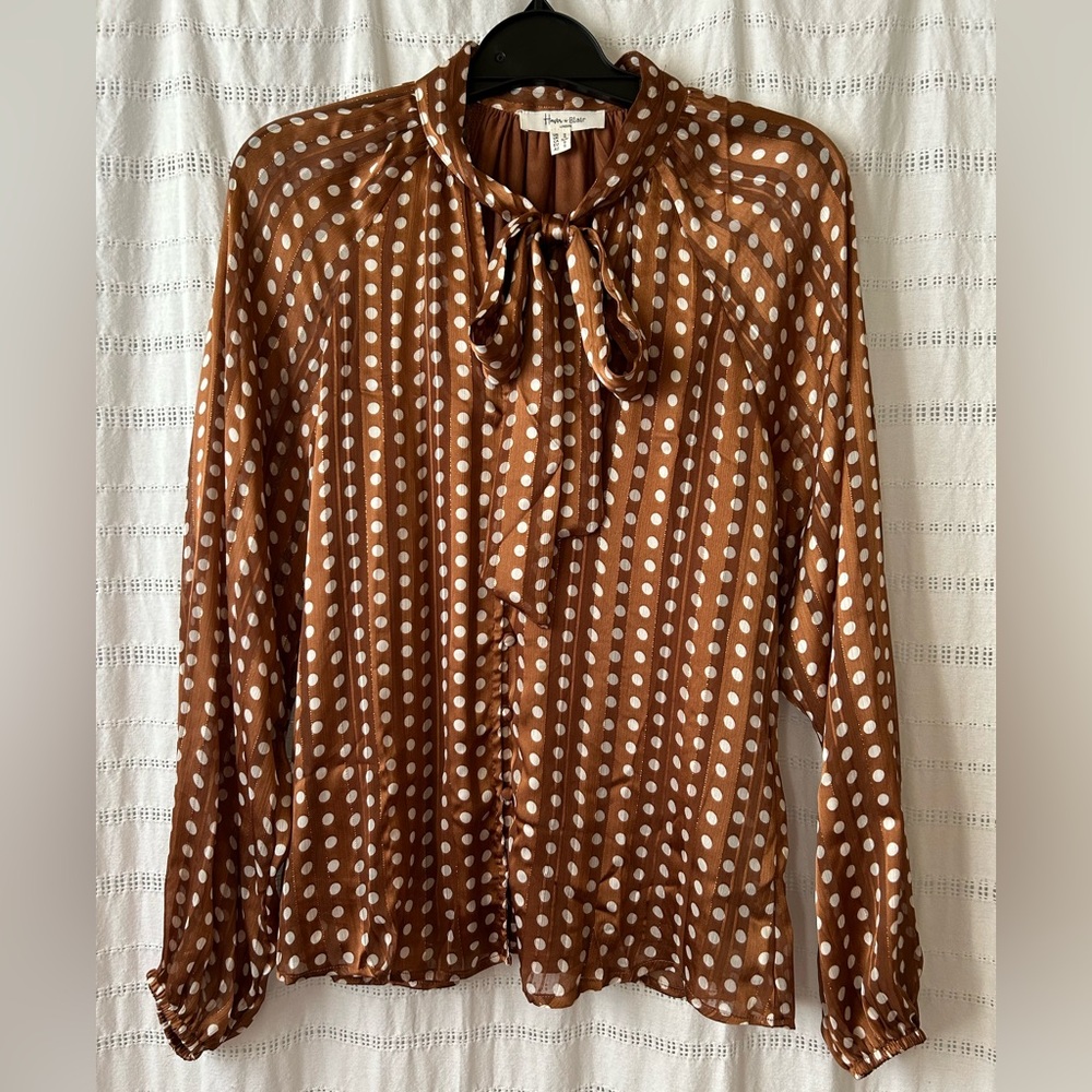 Haver & Blair Silky Polka Dot Print Blouse Tie Front Feminine Classy Trending